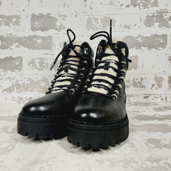 NEW Marc Fisher LTD Black Leather Nairy Lace Up Hiking Boots E581 - Picture 2 of 13